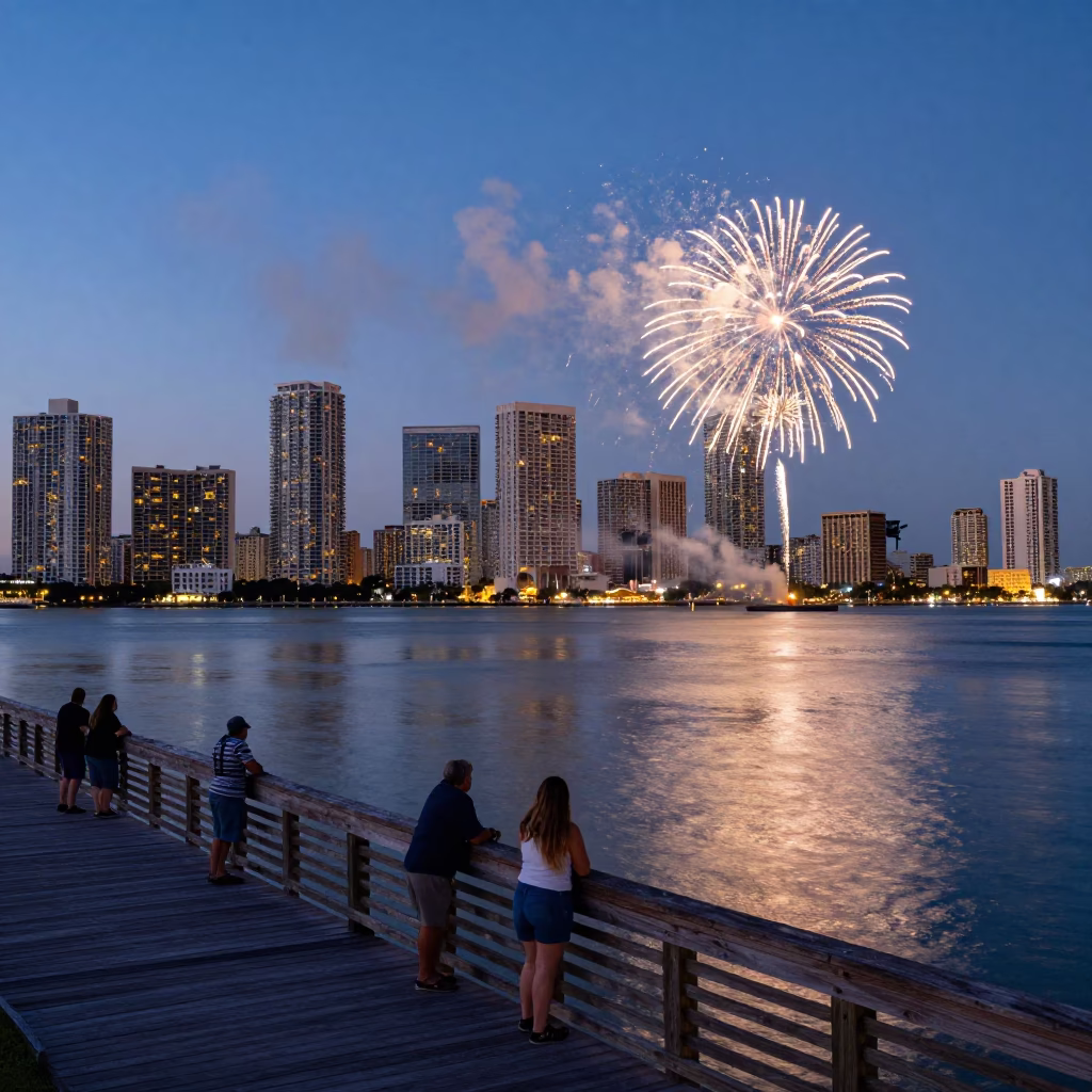 Twilight Miami Harbor View with Fireworks and Coastal City Lights in in Miami, Florida, United States