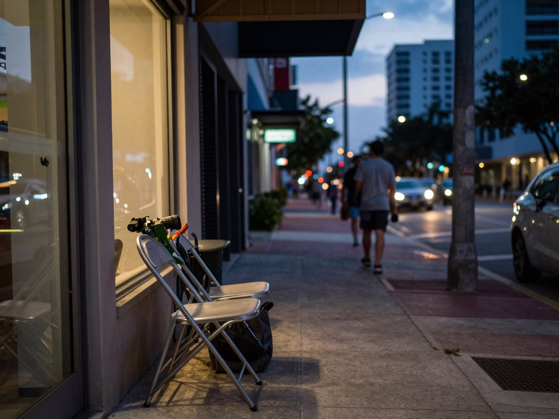 Twilight Miami Street Scene with Folded Chairs and Metal Art in Florida in in Miami, Florida, United States