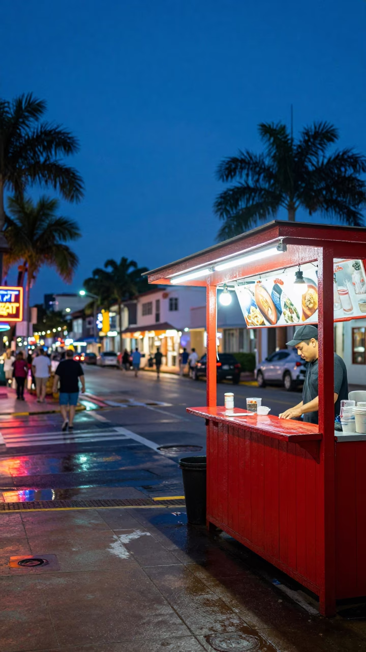 Twilight Miami Street Scene with Red Lacquered Wood and Urban Details in in Miami, Florida, United States