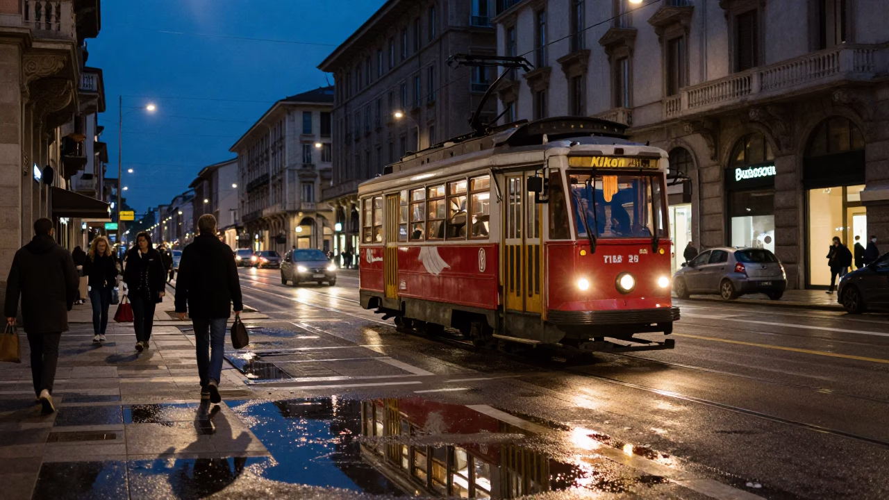 Twilight Milan Street Scene with Cable Car and Puddle Reflections in in Milan, Italy