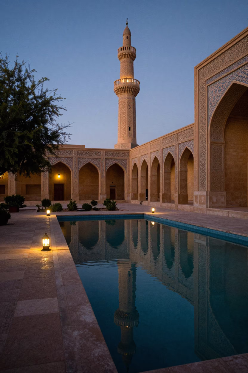 Twilight Reflection of Minaret in Arizona Courtyard in in a cloister garden in Arizona