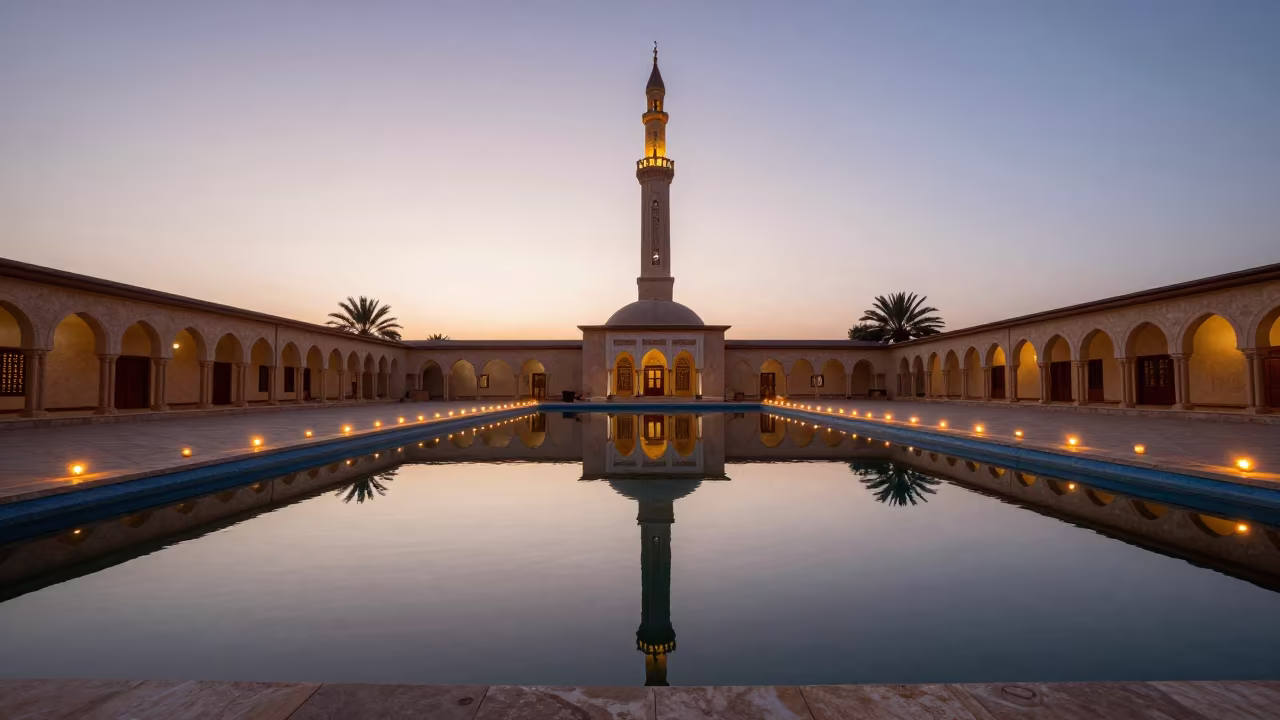 Twilight Minaret Reflection in Windhoek Courtyard Pool in at the edge of a sacred pool in Windhoek