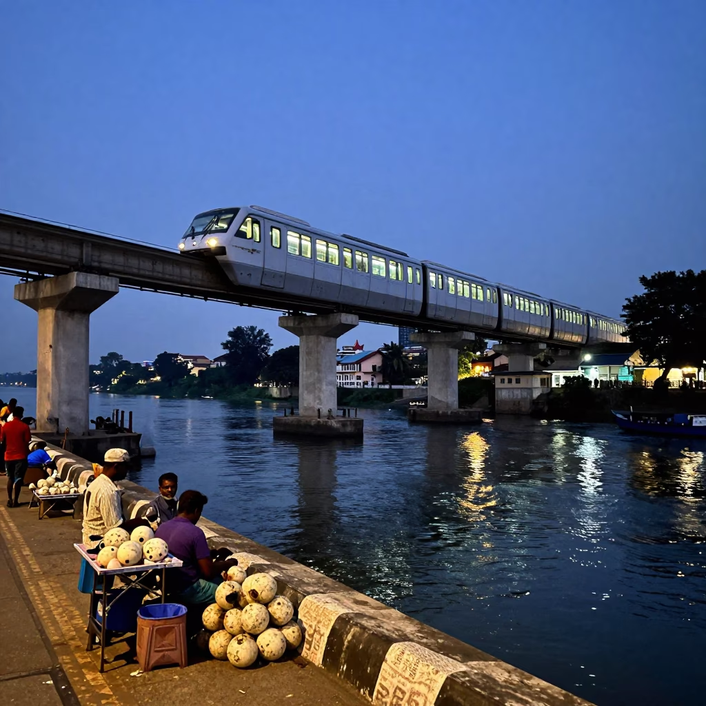Twilight Monorail and Coastal Life in Chennai India Blue Hour Street Scene in in Chennai, India