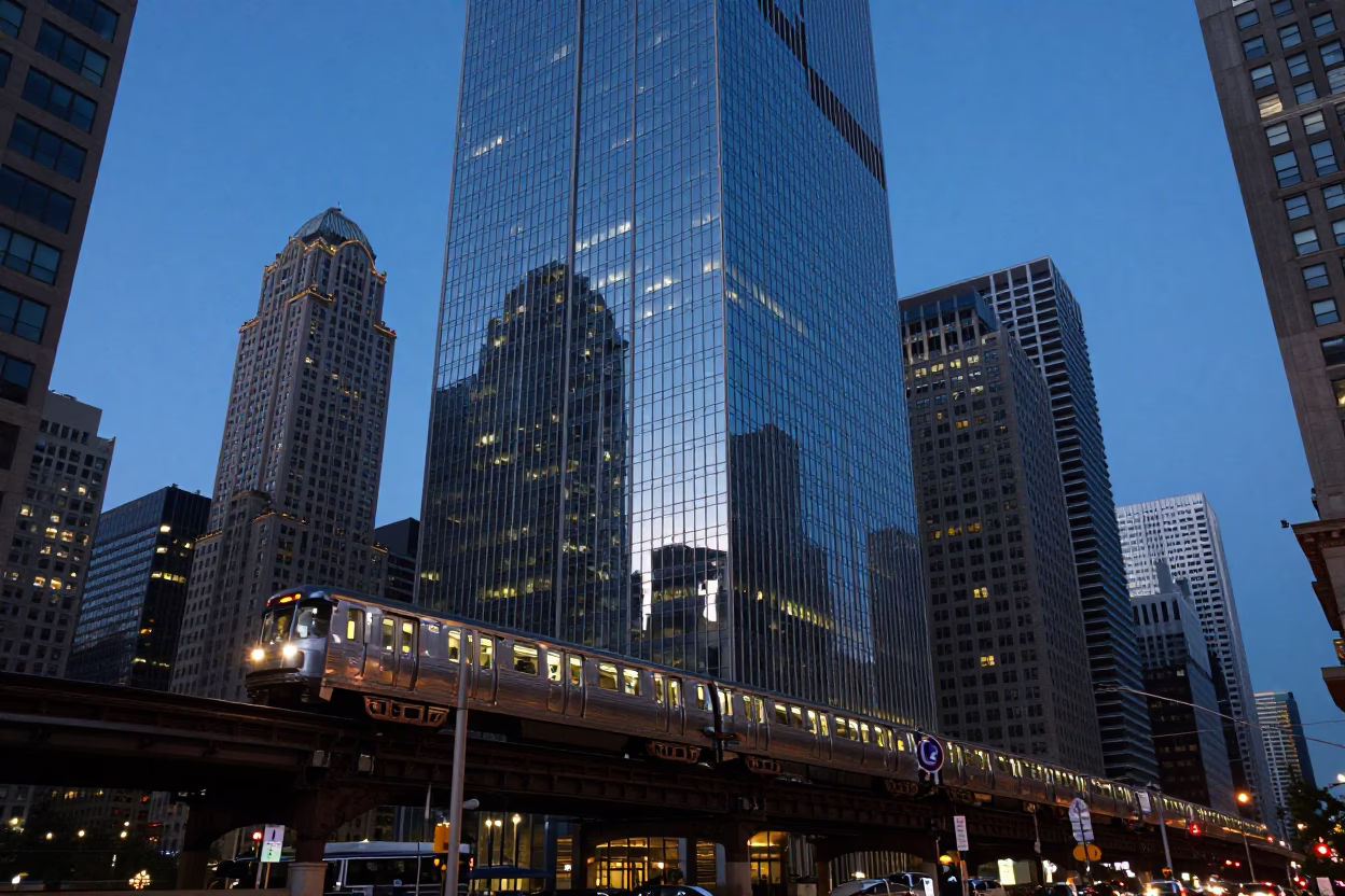 Twilight Monorail Reflection in Chicago Glass Skyscraper Street Scene in in Chicago, Illinois, United States