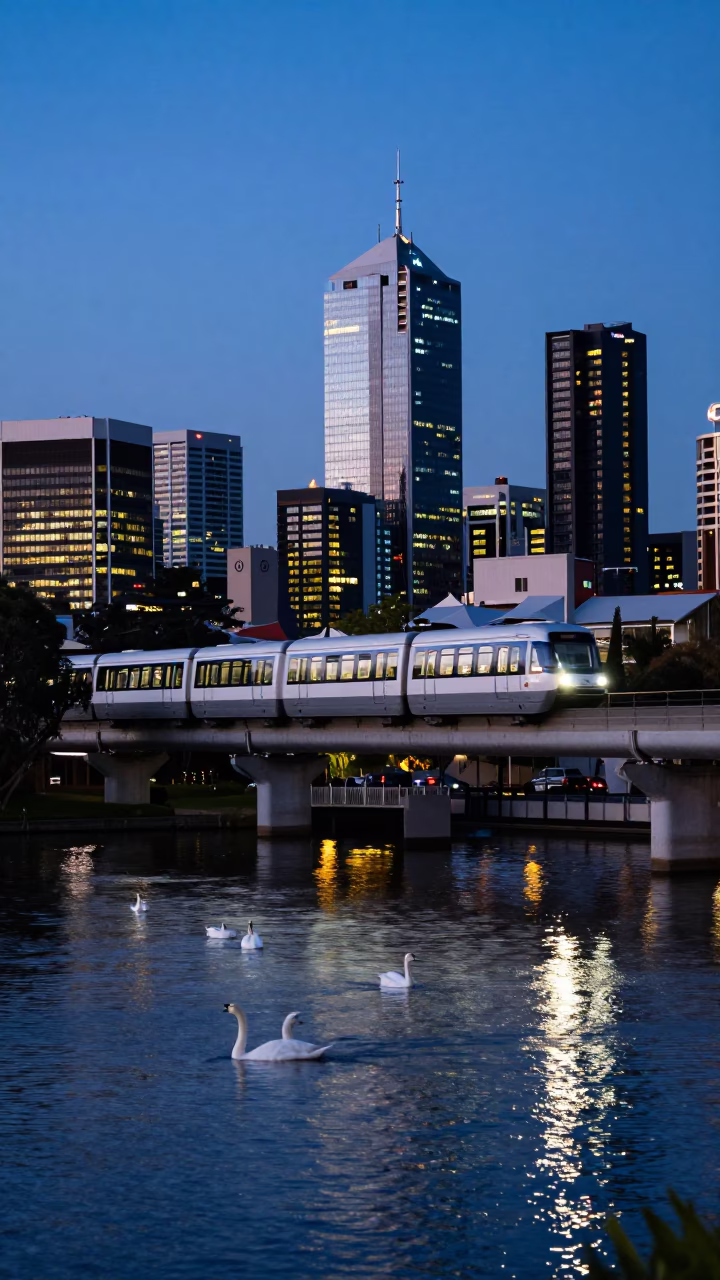 Twilight Monorail Sweeping Over Swan River Perth Western Australia Blue Hour Cityscape in in Perth, Western Australia, Australia
