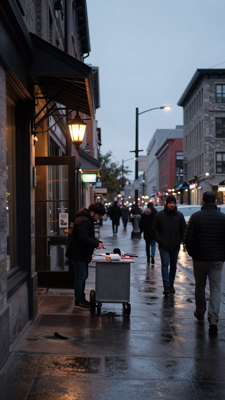 Twilight Montreal Street Scene with Lantern and Tailor Shears in in Montreal, Quebec, Canada