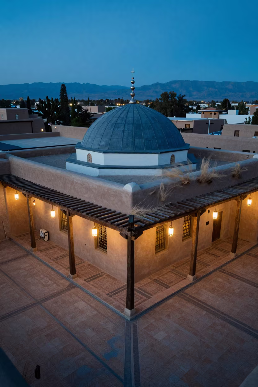Twilight Mosque Courtyard Beneath Pagoda Roof New Mexico in beneath a pagoda roof in New Mexico