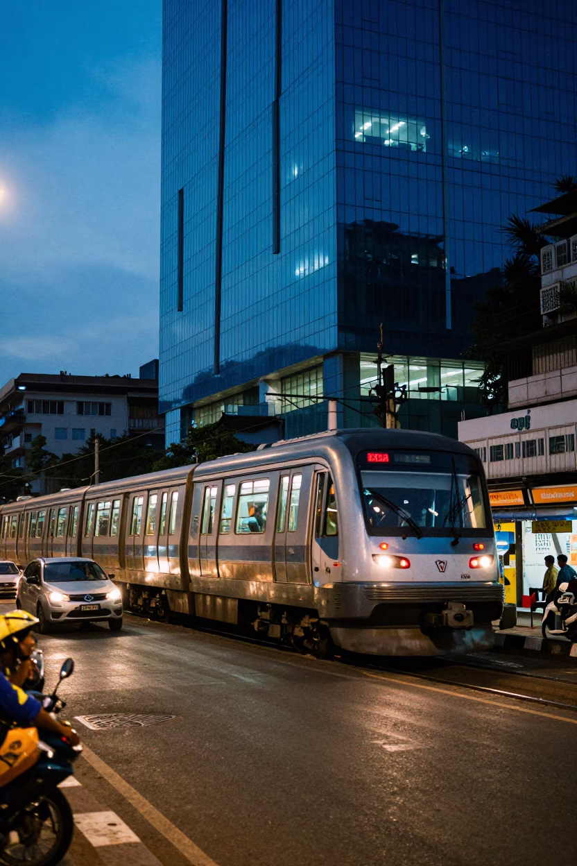 Twilight Mumbai Street Scene with Monorail Reflection and Local Market Activity in in Mumbai, India