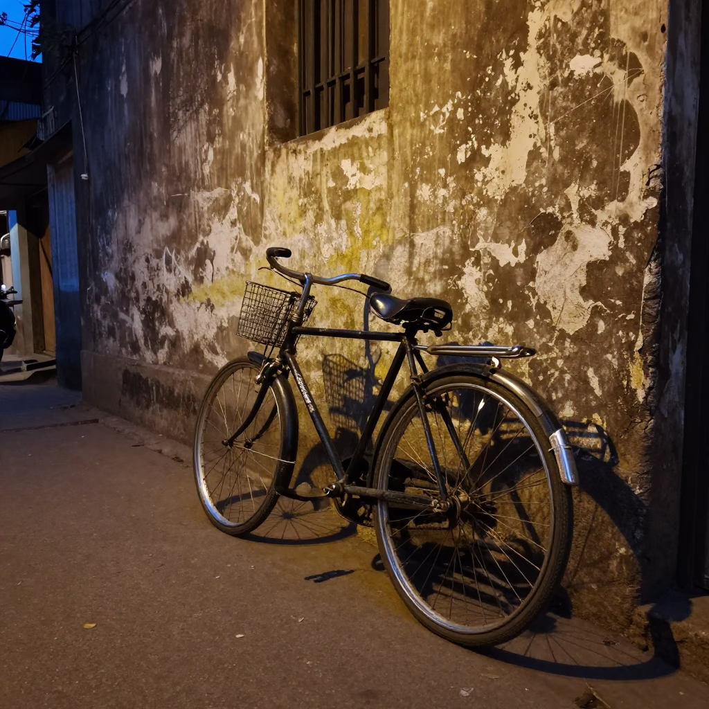 Twilight Mumbai Street Scene with Vintage Bicycle Leaning Against Weathered Wall in in Mumbai, India