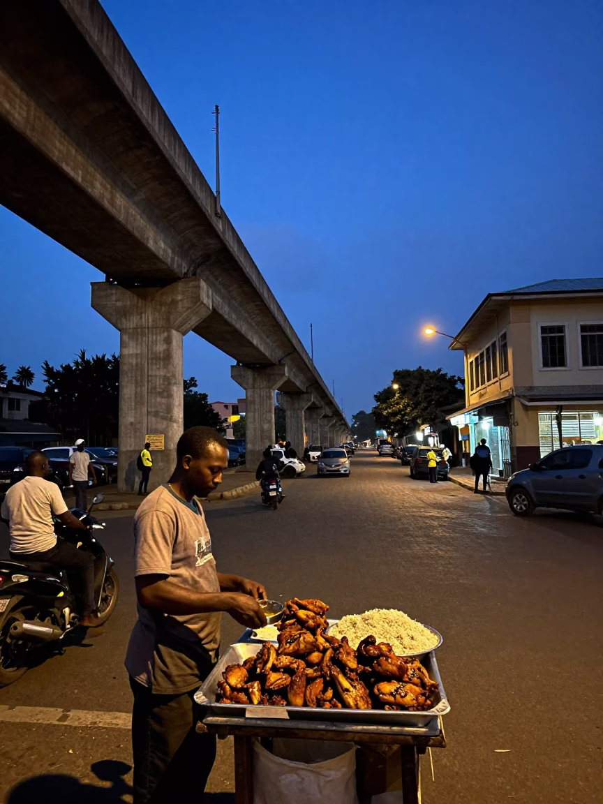 Twilight Nairobi Street Scene with Concrete Viaduct and Local Street Food Vendor in in Nairobi, Kenya