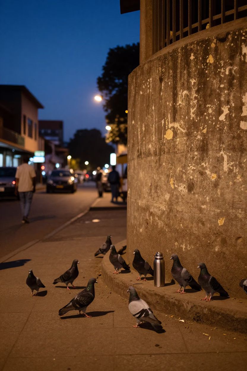 Twilight Nairobi Street Scene with Pigeons and Thermos Near Iron Bridge in in Nairobi, Kenya