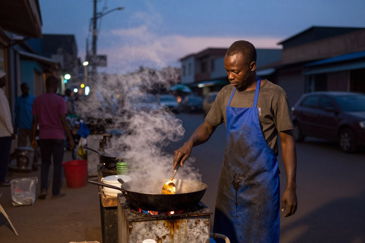 Twilight Nairobi Street Vendor Cooking Skillet With Apron Near Busy Road in in Nairobi, Kenya