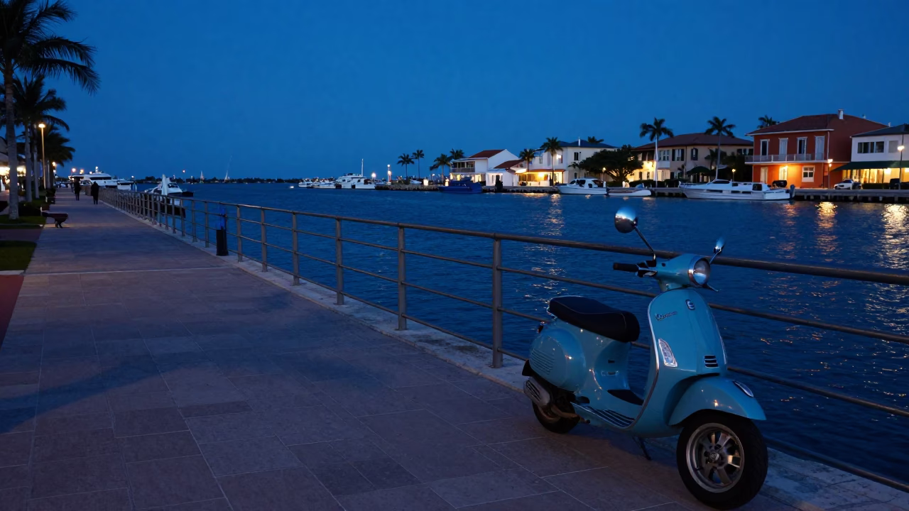 Twilight Naples Harbor Promenade with Scooter and Local Street Life in in Naples, Italy