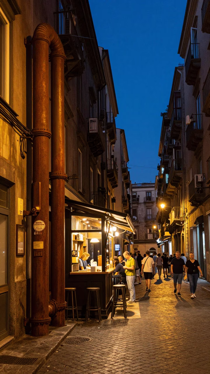 Twilight Naples Street Scene with District Heating Pipes and Pintxos Bar in in Naples, Italy