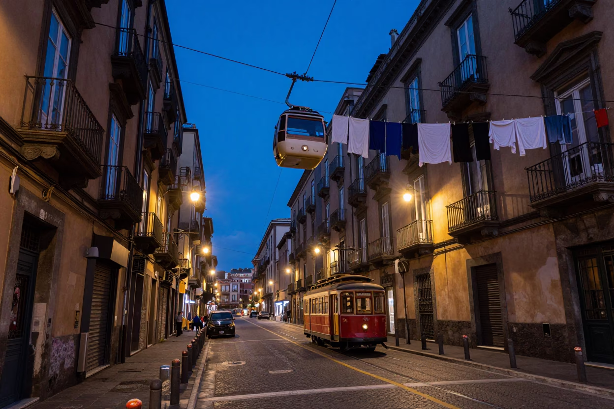 Twilight Naples Street Scene with Hanging Laundry and Cobalt Sky in in Naples, Italy