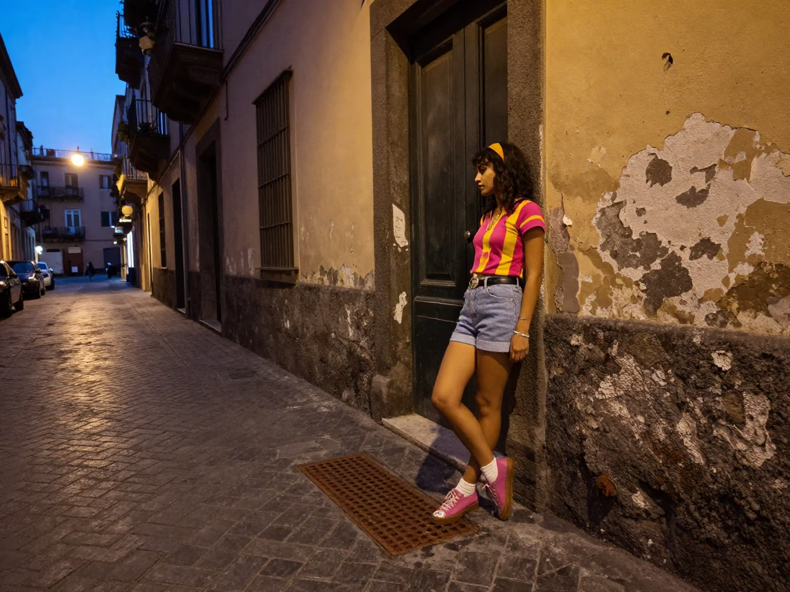 Twilight Naples Street Scene with Rusty Drain and Brushed Steel Urban Details in in Naples, Italy