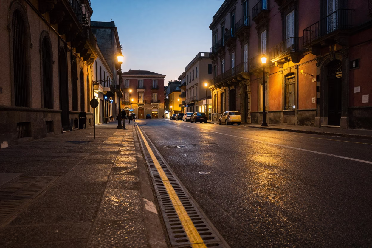 Twilight Naples Street Scene with Sun Stripe on Drain and Local Life in in Naples, Italy