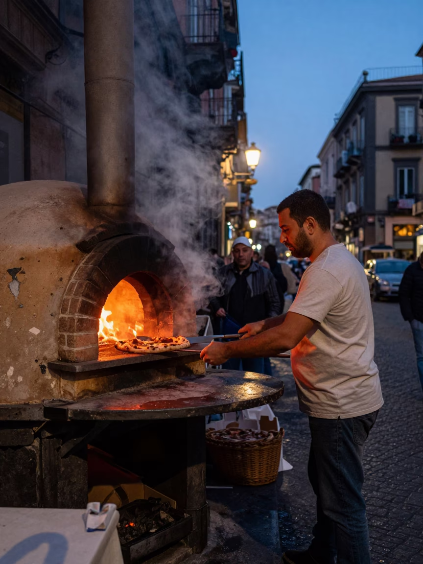 Twilight Naples Street Scene with Wood Fired Pizza and Glass Carafe in in Naples, Italy