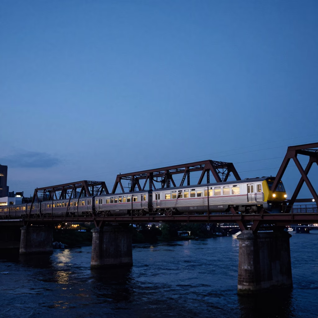 Twilight Nashville Tennessee Commuter Train Crossing Bridge at Blue Hour with Vintage 1970s Aesthetic in in Nashville, Tennessee, United States