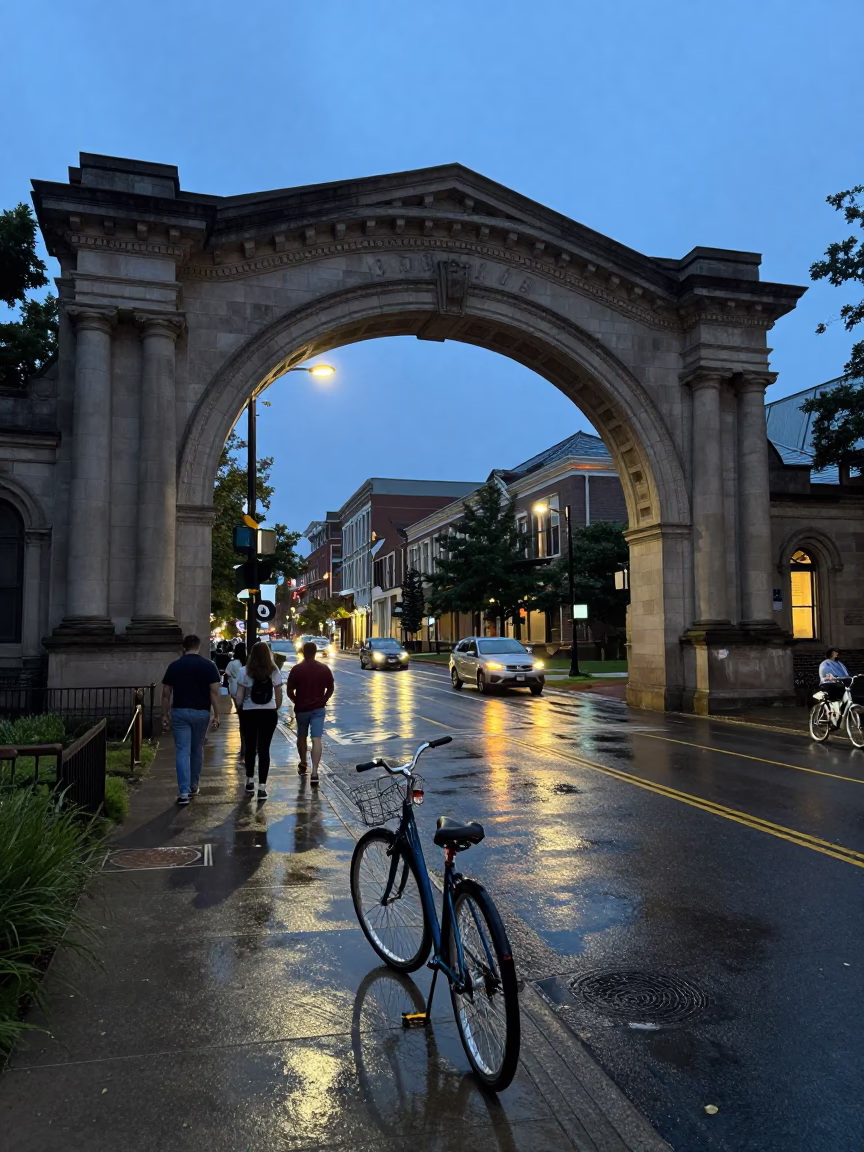 Twilight Nashville Tennessee Street Scene with University Archway and Wet Bicycle Rack in in Nashville, Tennessee, United States