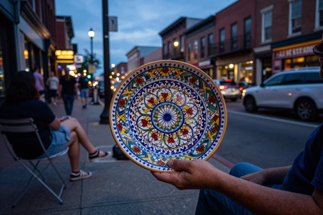Twilight Nashville Tennessee Street Scene with Vintage Majolica Plate and Folding Chair in in Nashville, Tennessee, United States
