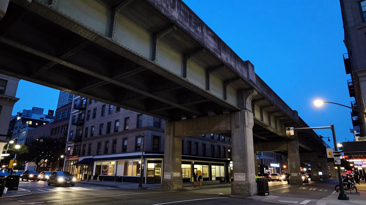 Twilight New York City Street Scene with Concrete Viaduct and Urban Details in in New York, New York, United States