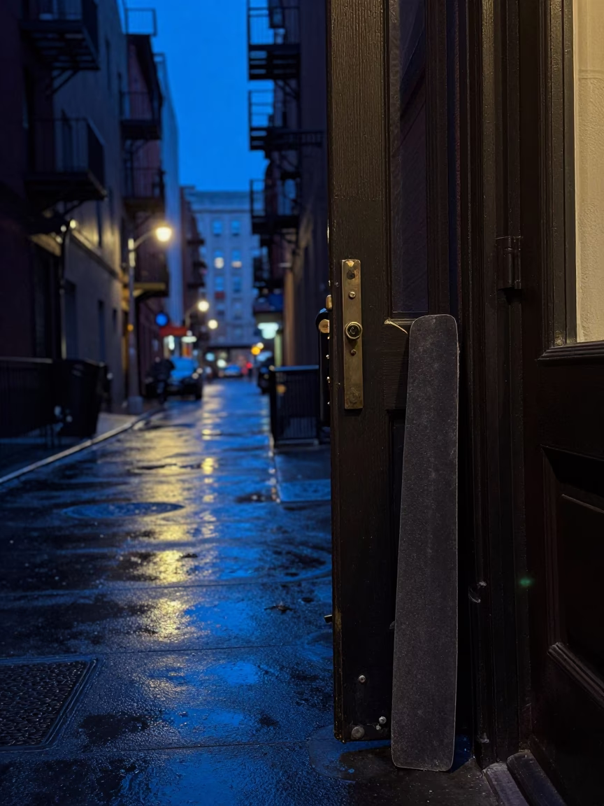 Twilight New York Street Scene with Doorframe and Boot Scraper in in New York, New York, United States