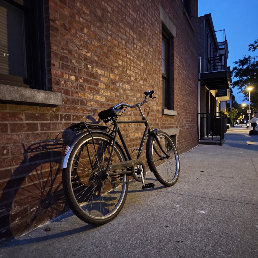 Twilight New York Street Scene with Vintage Bicycle and Salt Shaker on Sidewalk in in New York, New York, United States