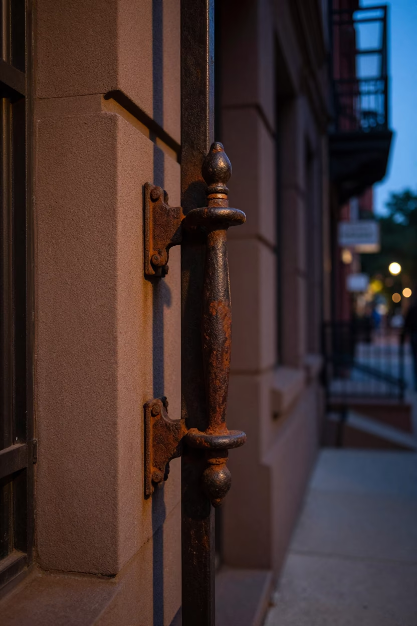 Twilight New York Street Scene with Vintage Gate Handle and Soap Residue Details in in New York, New York, United States