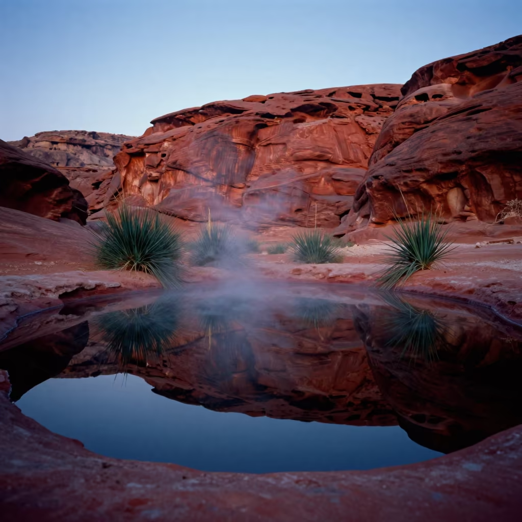 Twilight Oasis Reflected in Red Desert Canyon Near Amman in near Amman