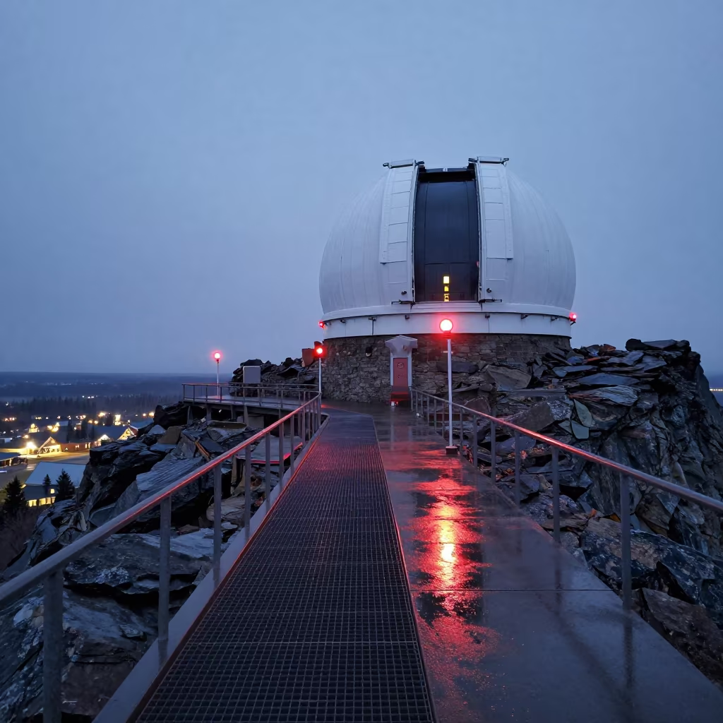 Twilight Observatory Catwalk Red Bulbs Canada in along a rocky geology outcrop in Canada