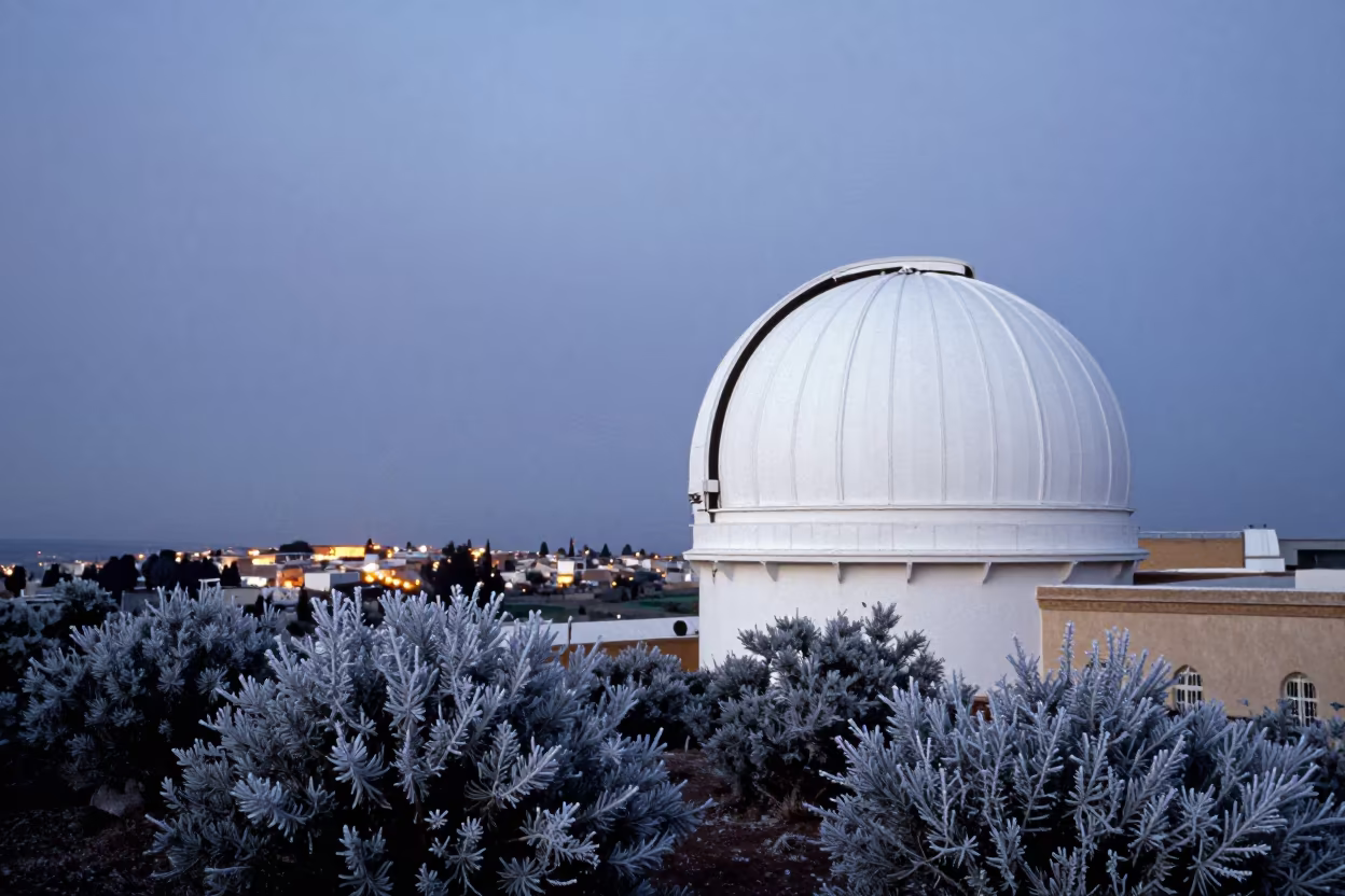 Twilight Observatory Dome Over Frost Sagebrush in beside an observatory dome near Rabat