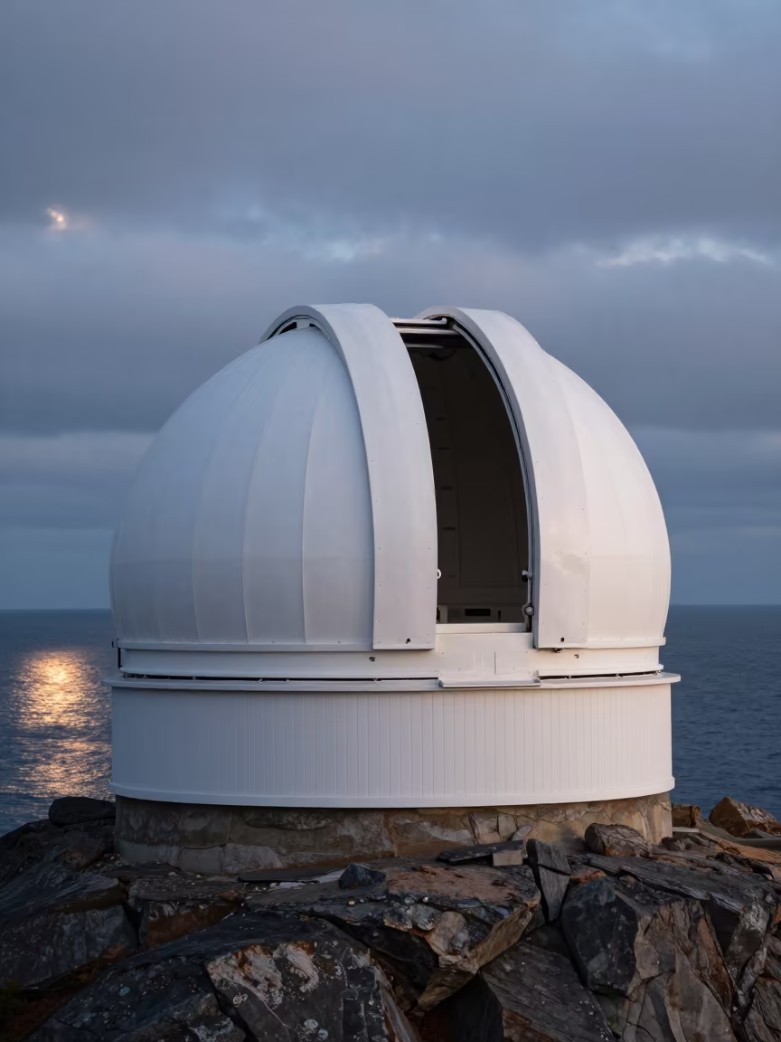 Twilight Observatory Dome Open on Rocky Outcrop in along a rocky geology outcrop near Bolu