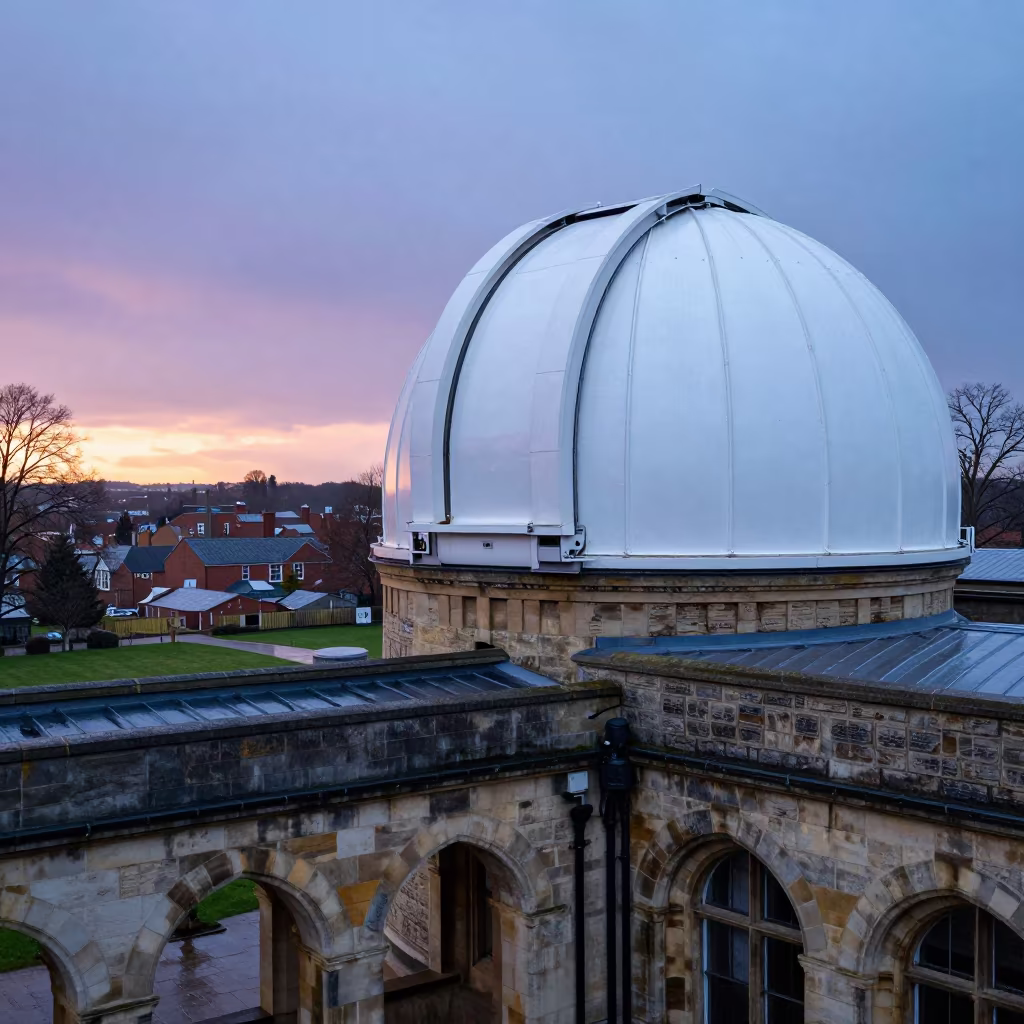 Twilight Observatory Dome Above Peterborough University Cloister in beneath a university cloister near Peterborough