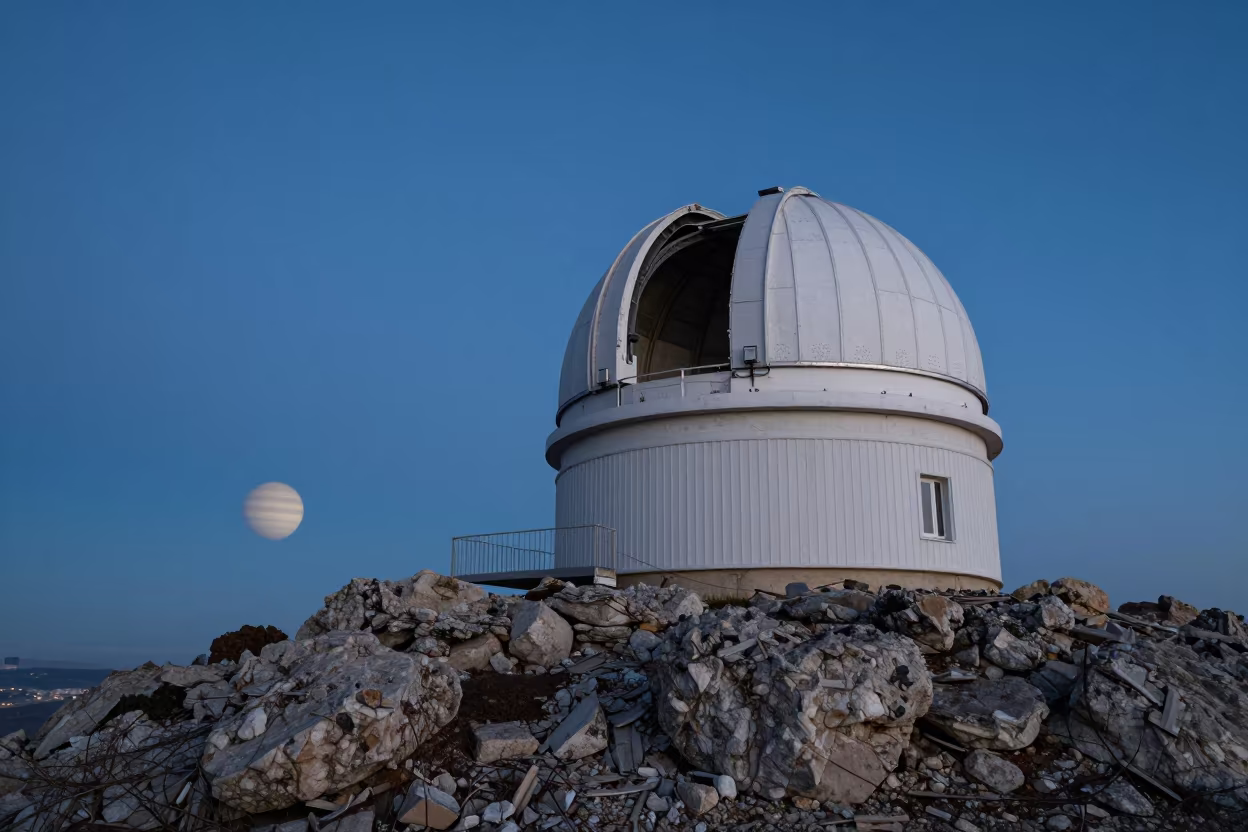 Twilight Observatory Ringed Planet Rishon LeZion in along a rocky geology outcrop near Rishon LeZion