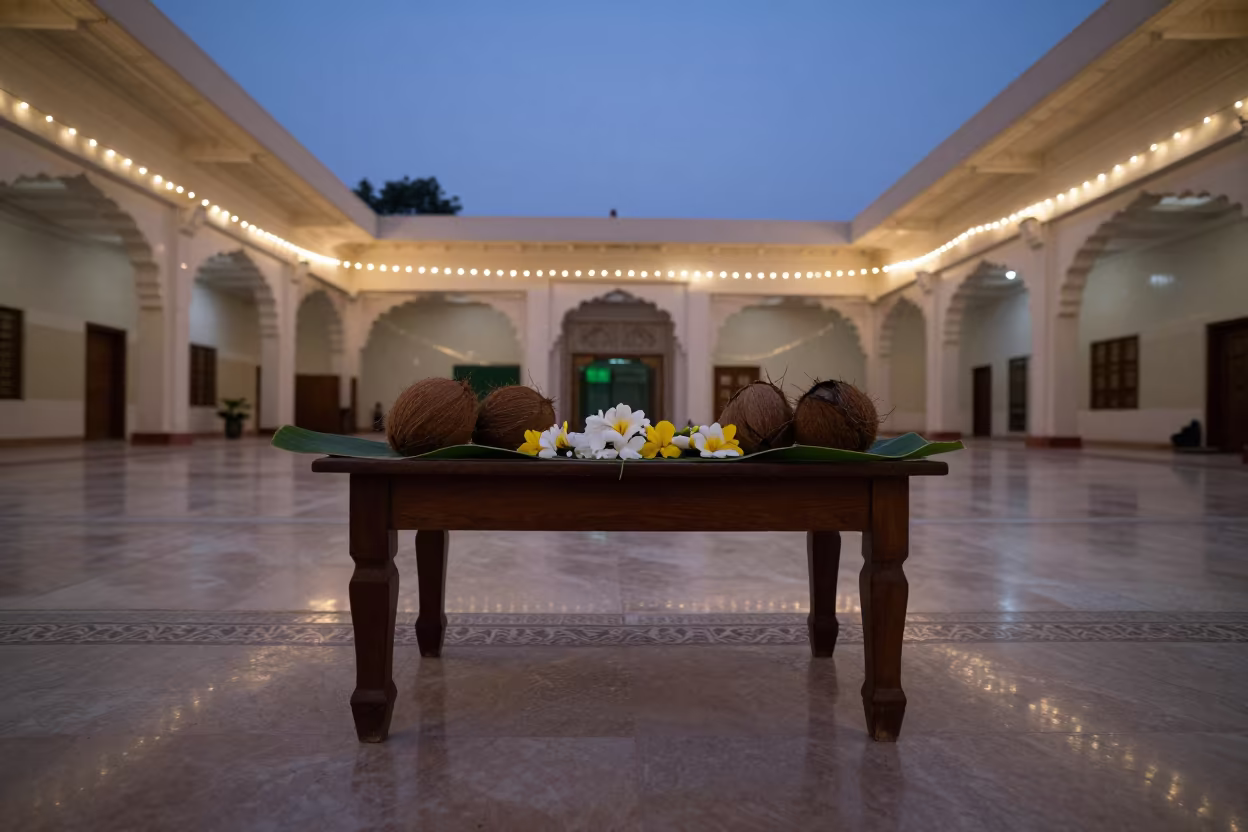 Twilight Offering Table in Gorakhpur Mosque in in a mosque prayer hall in Gorakhpur