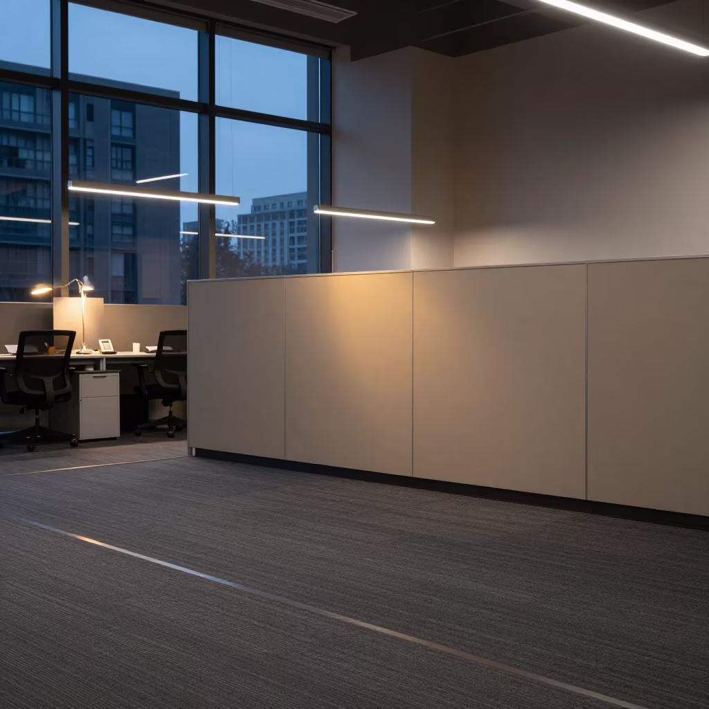 Twilight Office Acoustics Sample Board Display in inside an open-plan office bay near Taoyuan County