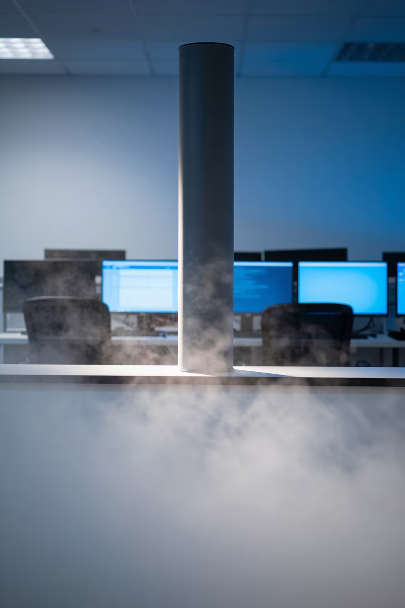 Twilight Office Badge Tube with Fog Floor in in an operations center under monitor glow in Sidi Bel Abbès