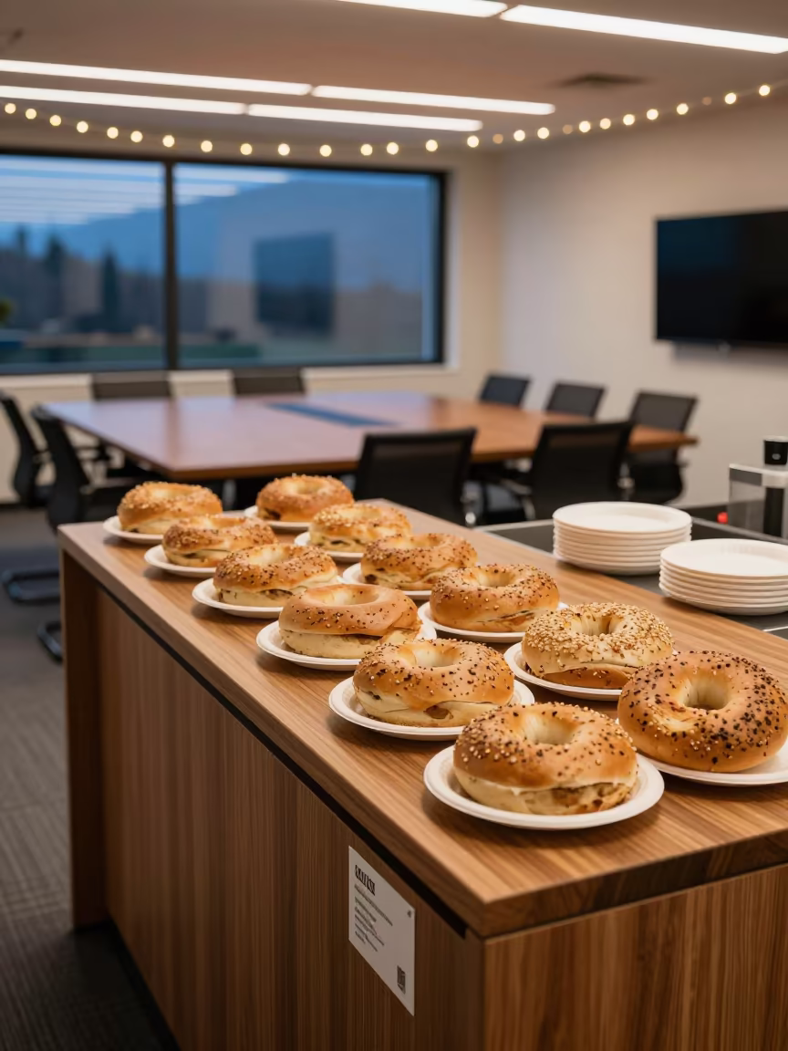 Twilight Office Breakfast Island Lucerne in at a boardroom table before a meeting in Lucerne
