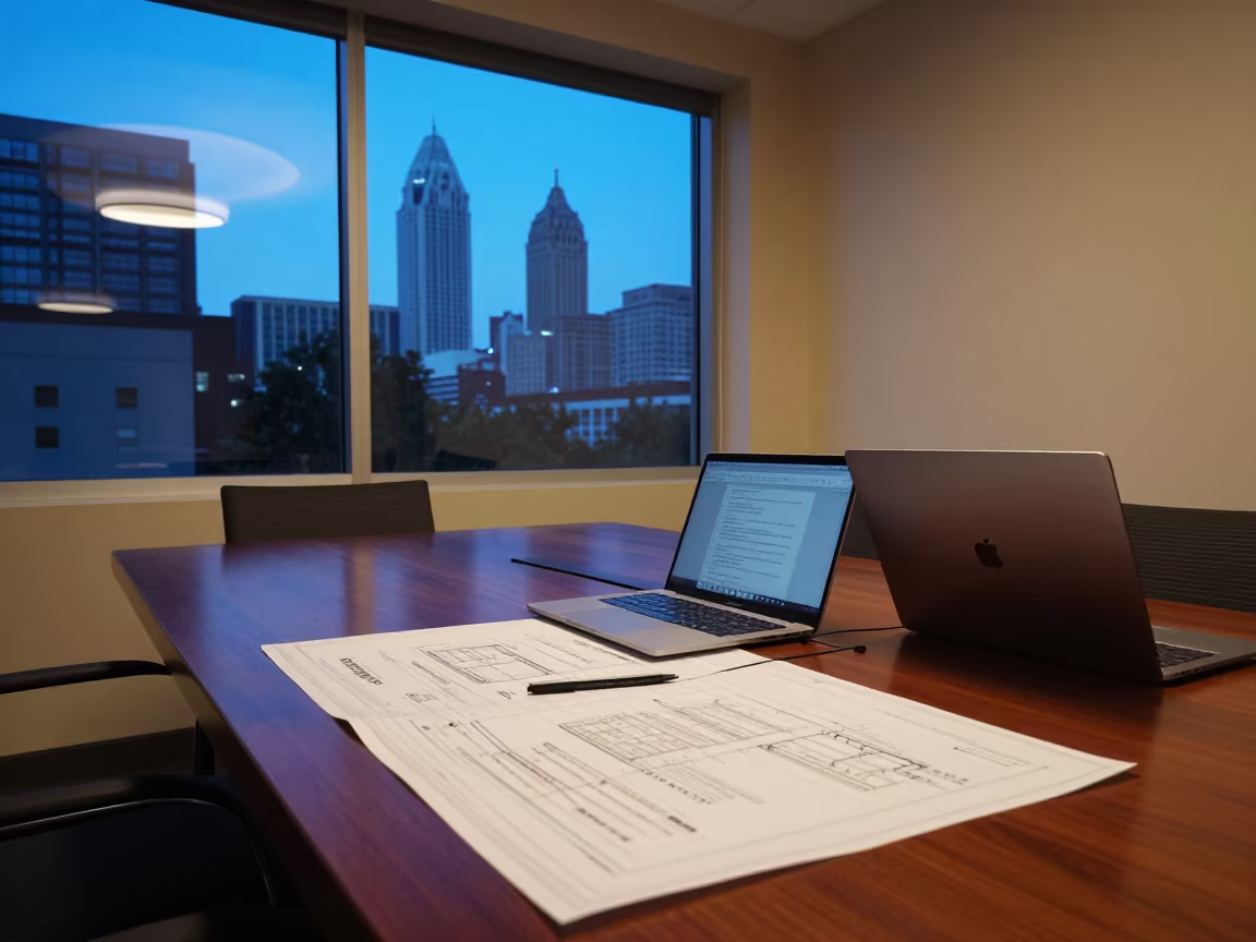 Twilight Office Design Review Table in inside a conference room near Atlanta