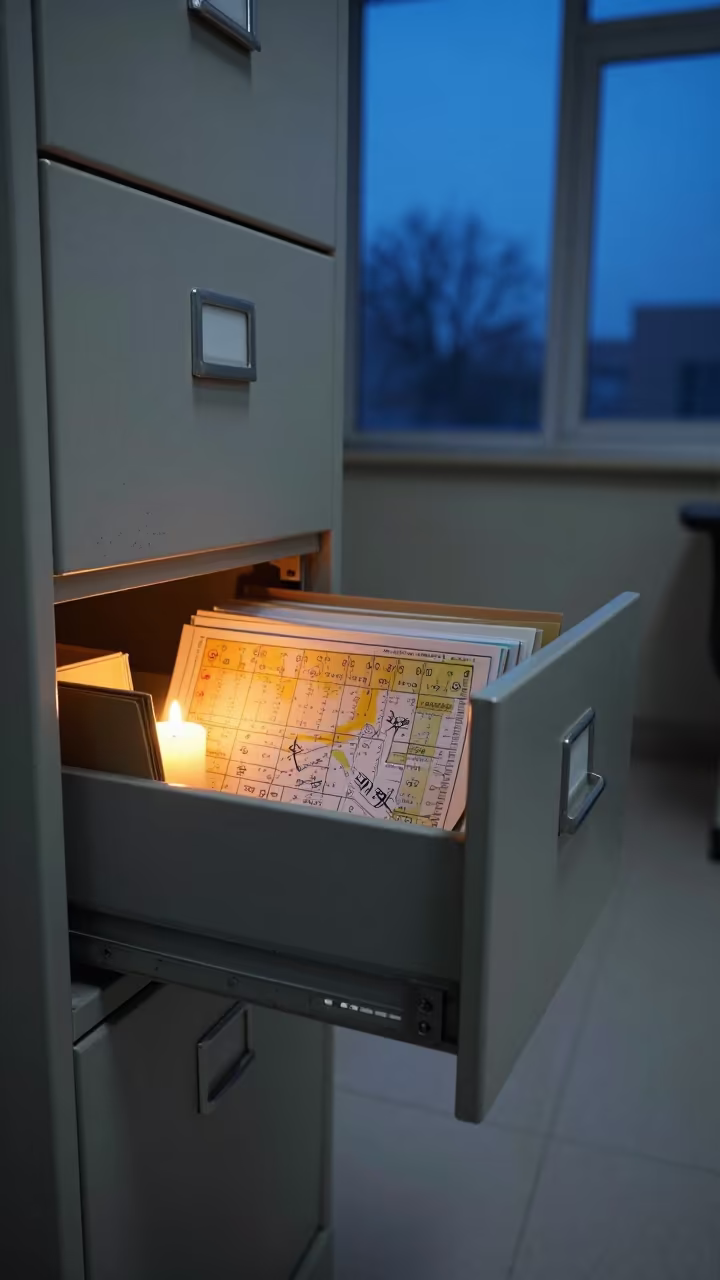 Twilight Office Drawer With Folders And Candlelight in inside an open-plan office bay in Benha