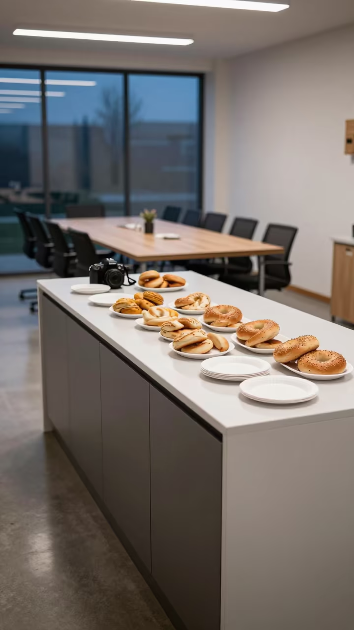Twilight office kitchen with bagels and plates in at a boardroom table before a meeting in Niğde