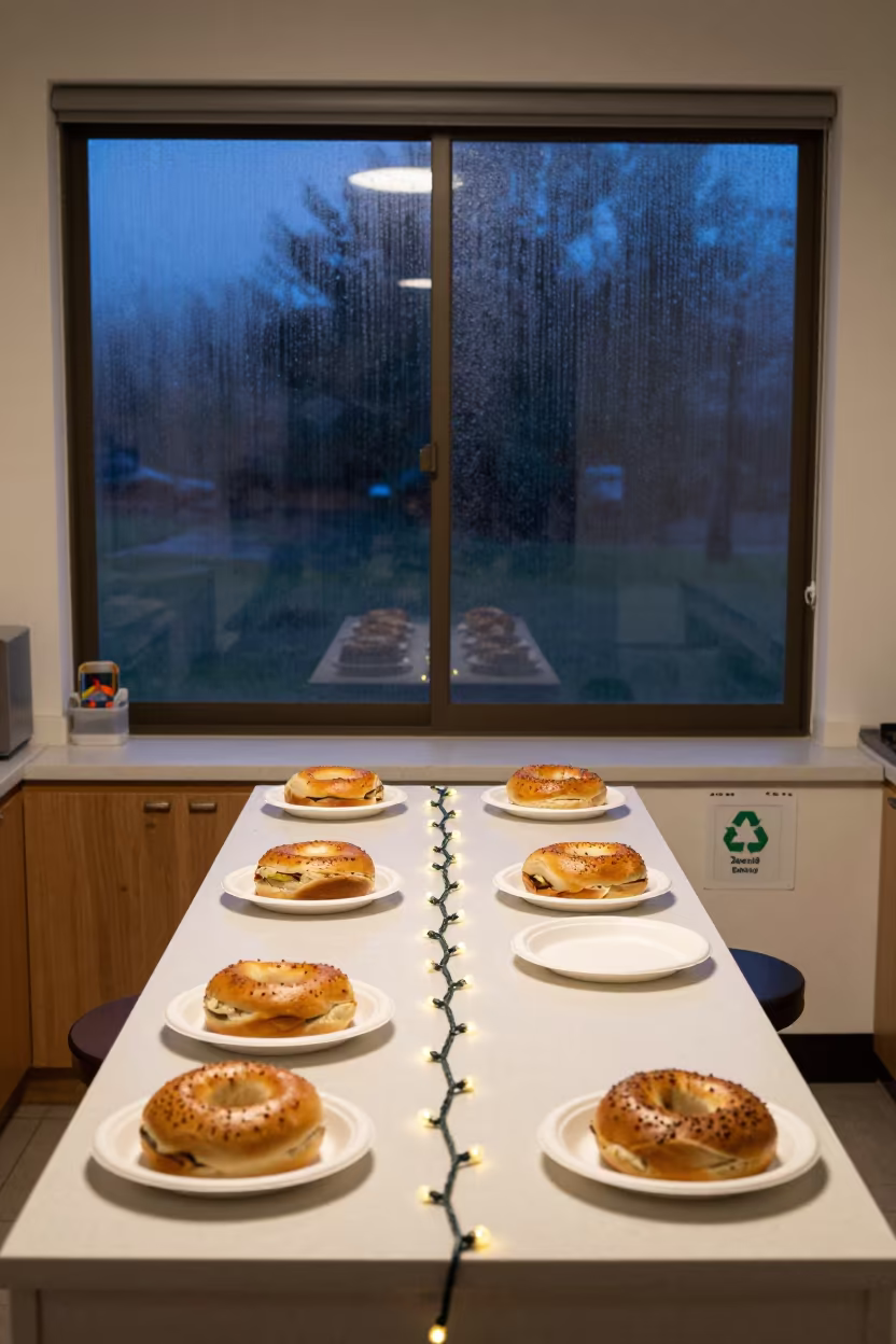 Twilight Office Kitchen with Indoor Window View in inside an open-plan office bay in Zacatecas