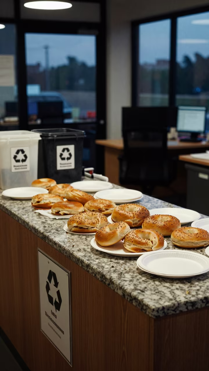 Twilight Office Kitchen Island Bagels and Plates in inside a coworking floor in Guarenas