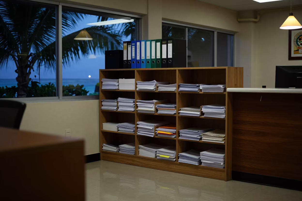 Twilight Office Library Shelf at Victoria Seychelles Reception in at an office reception desk near Victoria Seychelles