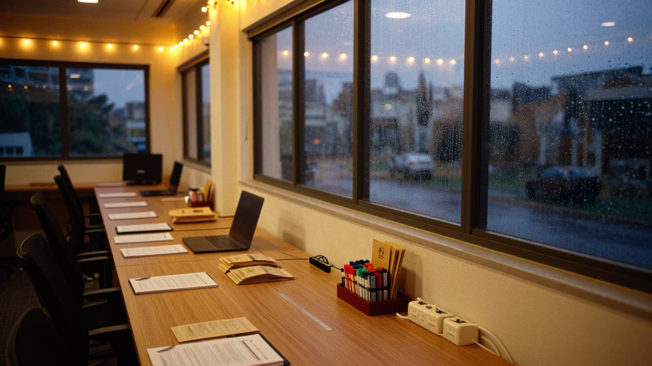 Twilight Office Training Room With Welcome Packets in inside a quiet office training suite in Netanya