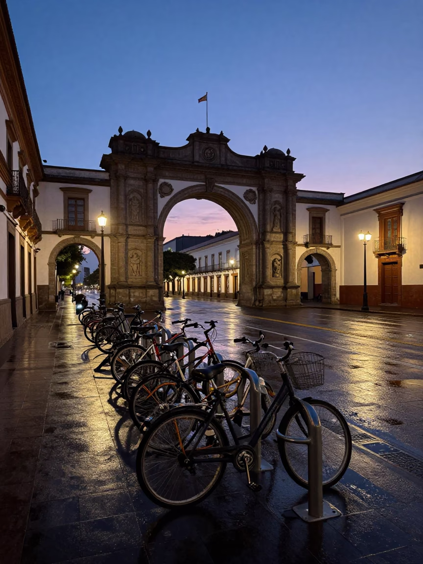 Twilight on Bicycle Rack in Quito in in Quito, Ecuador