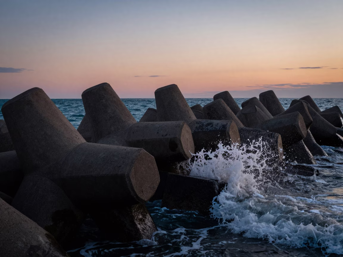 Twilight on Breakwater Tetrapods in Chicago in in Chicago, Illinois, United States