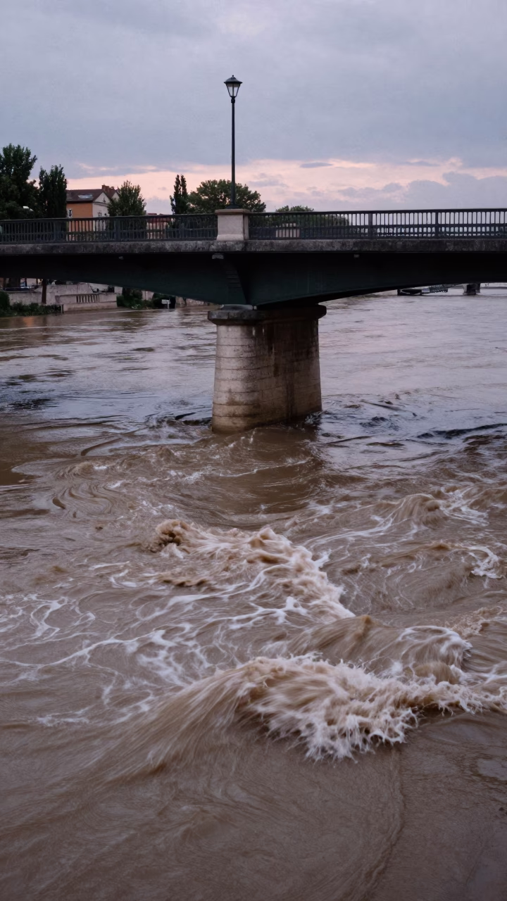 Twilight on Bridge Pier in Lyon in in Lyon, France