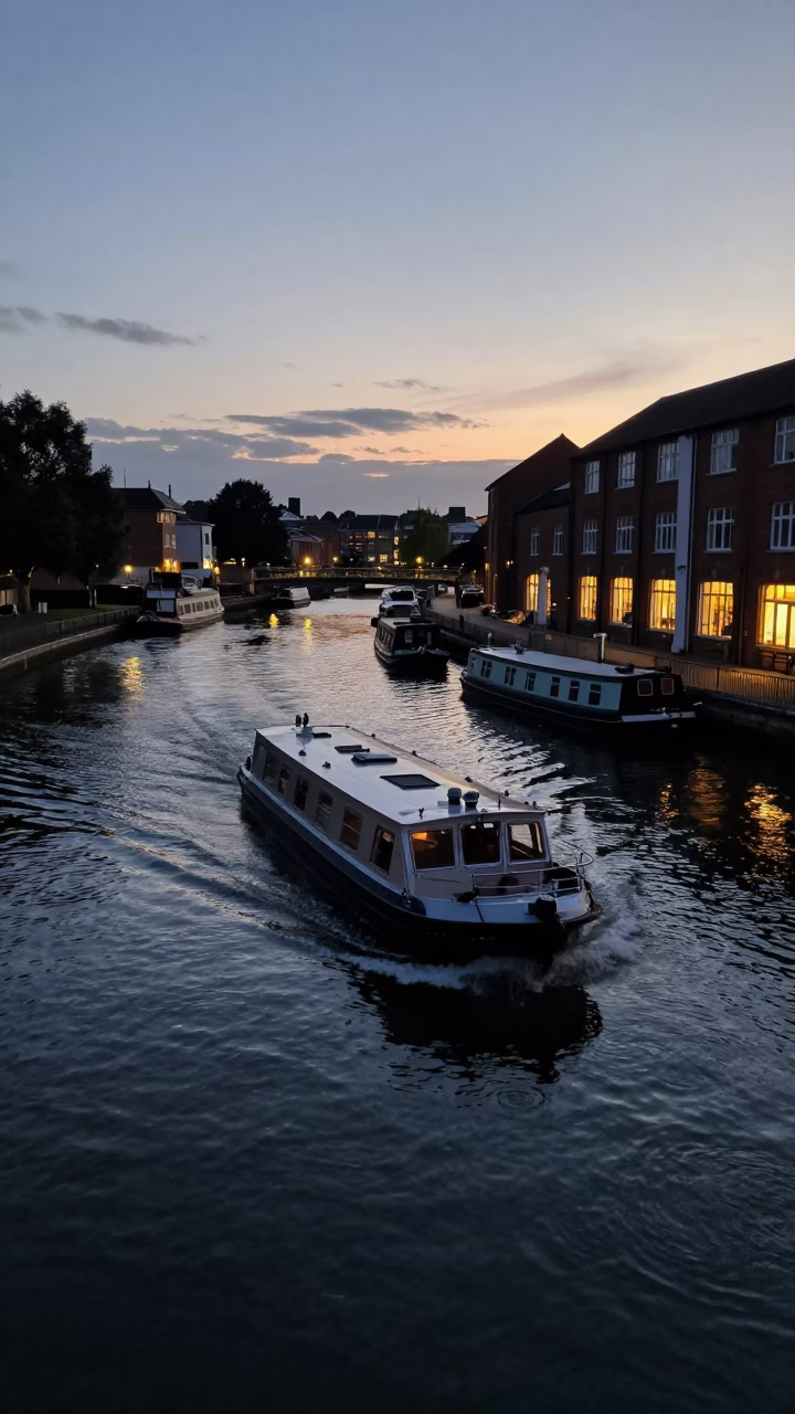 Twilight on Canal Houseboats in Bristol in in Bristol, United Kingdom
